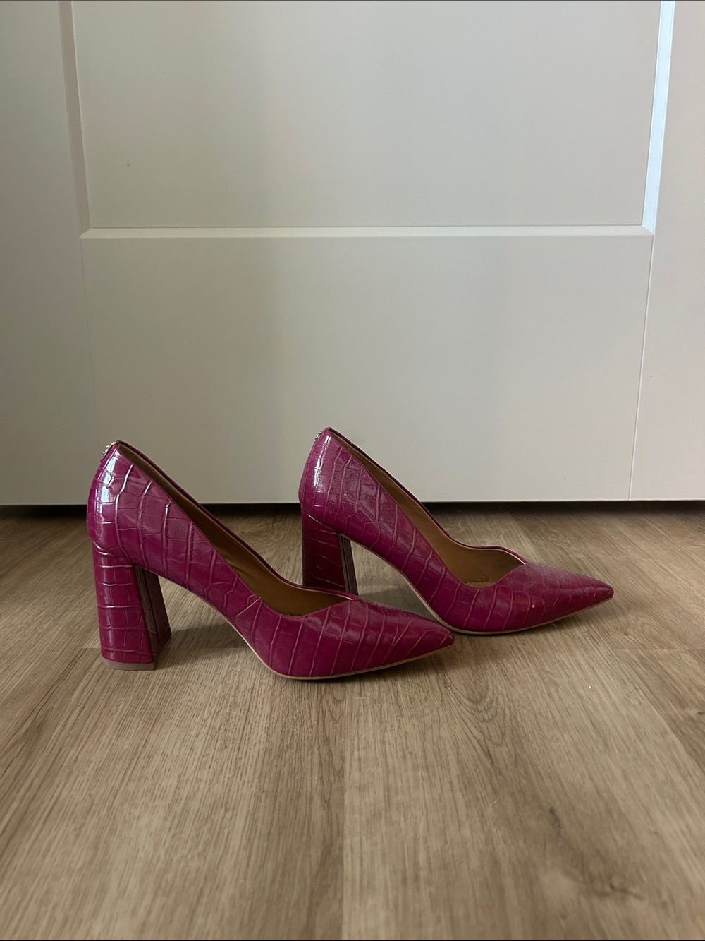 Sam Edelman Magenta Croc-Embossed Pointed Block Heel Pumps